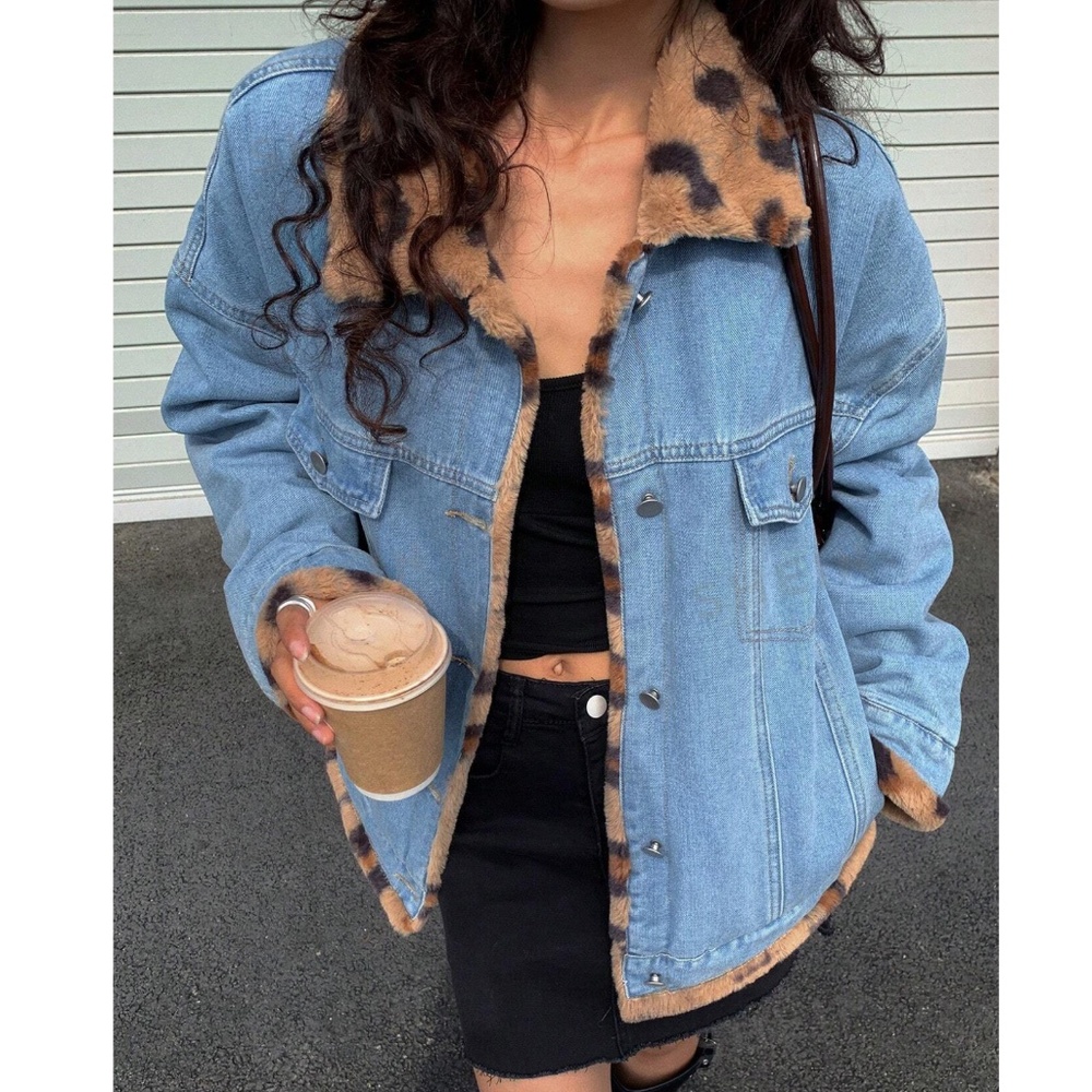 Luxe Leopard Print Vegan Fur Denim Jean Reversible Jacket Coat